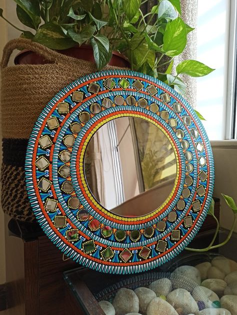 Dot Mandala Art With Mirror Work, Dot Mandala With Mirror Work, Mandala With Mirror, Prop Idea, Mirror Mandala, Mandala Mirror, Funky Mirrors, Dot Mandala Art, Glass Mosaic Mirror