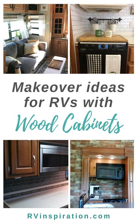 Updates and makeovers for camper and motorhome kitchens with oak cabinets Replacing Camper Cabinets, Camper Renovation No Slides, Camper Cabinet Colors, Camper Cabinet Redo, Painting Camper Cabinets, Camper Upgrades, Cabinet Makeover Ideas, Rv Kitchen Remodel, Rv Cabinets