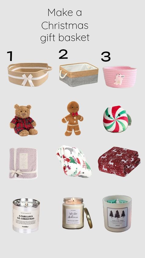 Make a Christmas Basket! Mine- 1133 Comment your choice #christmas#giftbasket#fyp Make A Christmas Basket, What To Make For Christmas Gifts, Christmas Basket Gift Ideas Friends, Christmas Sleepover, Handmade Christmas Presents, Burr Basket, Girly Christmas Gifts, Big Little Basket, Basket Christmas