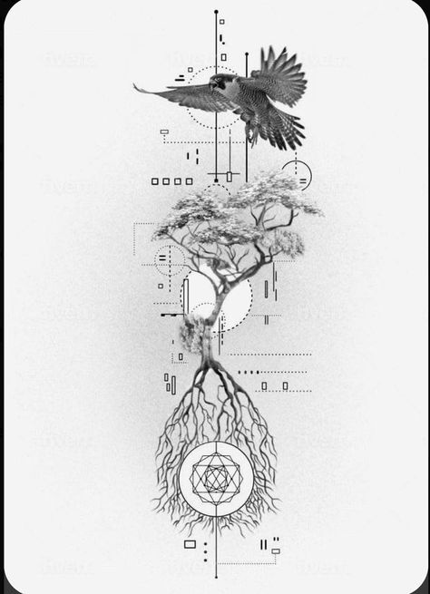 Alchemy Tattoo Sleeve, Tree Tattoo Designs Men, Tattoo Ideas On Forearm, Animals Tattoo Design, Bird Tattoo Color, Geometric Tattoo Sketch, Shen Long Tattoo, Geometric Art Tattoo, Geometric Tattoo Sleeve Designs