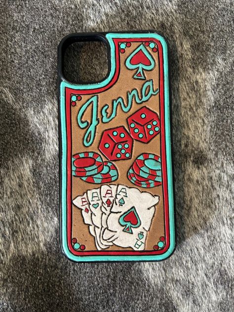 Custom Hand Tooled Poker Phone Case! Made to order! Add Your name, phone, and colors in Personalization box! I can also do brands! Leather Phone Cases, Western Leather Work, Western Christmas Gifts, Western Phone Cases, Leather Phone Case Western, Tooled Leather Phone Case, Cute Hoco Proposals, Western Fashion Jewelry, Custom Leather Work