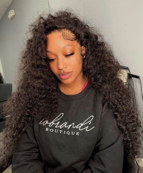 Curly No Part Frontal, Big Curly Lace Front Wigs, No Part Side Part Curly Wig, Curly Leave Out Sew In, Curly Wig Hairstyles, Curly Sew In Weave, Free Part Wig, Curly Hair Sew In, Curly Wigs For Black Women