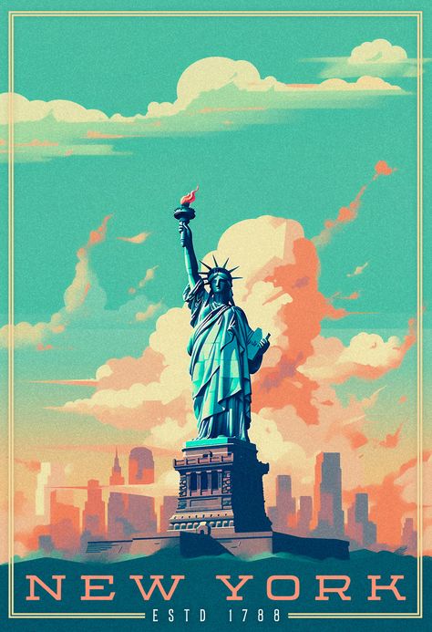 Statue of liberty with skyline in the background and fluffy clouds. The title New York is positioned at the bottom. Statue Of Liberty Art, New York Statue Of Liberty, New York Illustration, New York Statue, Art Deco Statue, State Posters, Map Murals, Fluffy Clouds, Usa Art