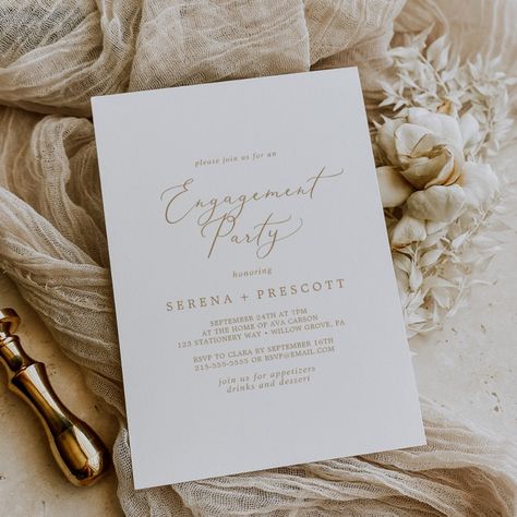 Engagement Party Classy, White And Gold Engagement Party, Simple Engagement Party, Minimalist Engagement Party, Engagement Dinner Party, Summer Calligraphy, White Engagement Party, Gold Engagement Party, Engagement Party Themes