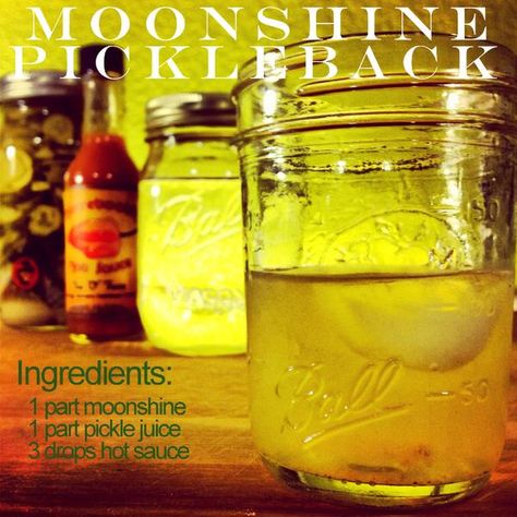 Pickle Moonshine Ingredients: 1 part moonshine 1 part pickle juice A couple drops of "O" face hot sauce. Recipes Using Dill, Moonshine Still Kits, Dill Pickle Vodka, Moonshine Cocktails, Pickle Vodka, Apple Pie Moonshine, Vodka Mixes, Garlic Infused Olive Oil, Moonshine Still