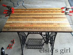 elsie's girl: DIY yardstick table top Yardstick Crafts, Airbnb Themes, Sewing Table Makeover, Ruler Table, Vintage Ruler, Vintage Sewing Table, Yard Sticks, Radio Silence, Trendy Sewing Projects