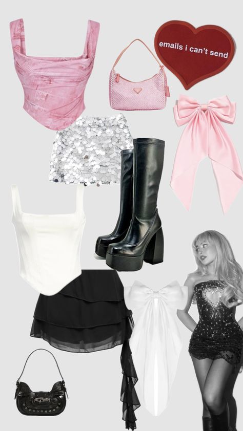 Sabrina Sabrina Carpenter Concert Fit Ideas, Sabrina Carpenter Outfits Inspiration, What To Wear To Sabrina Concert, Sabrina Carpenter Outfits Inspo Concert, Sabrina Tour Outfit Ideas, Sabrina Outfit Ideas, Sabrina Carpenter Inspired Outfits Concert, What To Wear To A Sabrina Carpenter Concert, Sabrina Carpenter Outfits Aesthetic