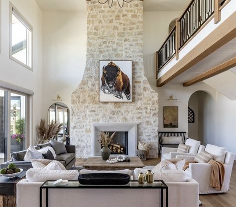 Great Room With Stone Fireplace, Living Room With Large Stone Fireplace, Tall Stone Fireplace, Two Story Great Room Fireplace, Tall Brick Fireplace, French Country Stone Fireplace, Huge Fireplace Stone, High Ceiling Fireplace Wall Stone, Stacked Limestone Fireplace