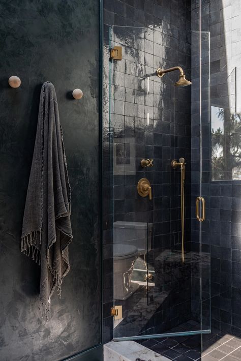 Black Zellige Bathroom, Black White And Brown Bathroom Master Bath, Black Zellige Tile Bathroom, Industrial Bathroom Tiles, Black Tile Shower Ideas Master Bath, Black Wall Tile Bathroom, Black Bathroom Tile Ideas, Tiles Shower Ideas, Black Tile Bathroom Wall