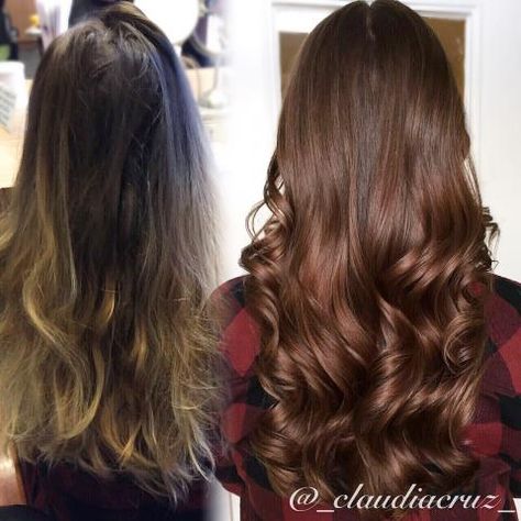 "This mommy-to-be came in with a grown out balayage and wanted something less maintenance and richer with color," says Claudia Cruz (@_claudiacruz_) of Marlene Weber Day Spa, Poughkeepsie, NY. "She had a natural level 5 on about 4-5 inches from her root down and the rest was balayaged to about a level 8-9." Here Cruz shares how she granted her wish: Step 1: Apply Goldwell TopChic 6G + 6N with 10 volume developer on her root and bring down about 4-5 inches "just to add some warmth to her natu... Grown Out Balayage, Beauty Careers, Poughkeepsie Ny, Hair Color Formulas, Editorial Hair, Day Spa, Level 5, Modern Salon, Brunette Hair