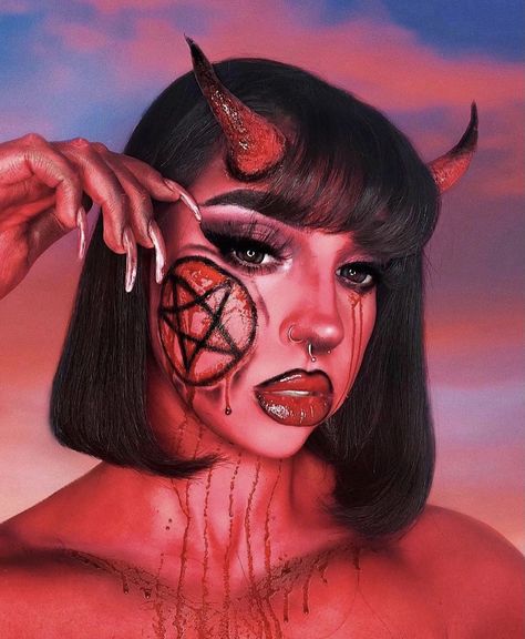 Demonic Halloween Makeup, Women’s Devil Makeup, Demon Fairy Makeup, Special Fx Makeup Ideas Halloween, Ninja Make Up, Devils Makeup, Angel And Devil Makeup, Black Devil Makeup, Dark Devil Costume