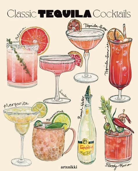 Classic Tequila Cocktails Chart watercolor part print features various classic tequila cocktails, all labeled with the cocktail name! Includes: Paloma, Siesta, Tequila Sour, Tequila Sunrise, Margarita, Mexican Mule, Ranch Water, Bloody Maria It is printed on a cold press, watercolor textured paper. Acid free, archival, and very sturdy with a matte finish. They are quickly shipped in both a plastic protective sleeve and a rigid mailer to ensure its safety during shipping. Each print is made to or Cocktail Drawing Illustration, Hollywood Collage, Cocktails Pretty, Tequila Sour, Cocktail Painting, Aesthetic Cocktails, Classic Tequila Cocktails, Cocktails Drawing, Mexican Mule