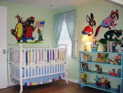 Children's room inspired by classic literature. Book Nursery Theme, Unique Nursery Ideas, Book Themed Nursery, Book Bedroom, Nursery Photos, Book Nursery, Richard Scarry, Toy Shelves, Unique Nursery