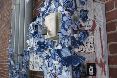 Tasha Lewis- Butterfly bombs. Butterfly Installation, Urban Art Installation, Butterfly Magnet, Modern Metropolis, Blue Butterflies, Steel Sculpture, Paper Artist, Butterfly Art, Blue Butterfly