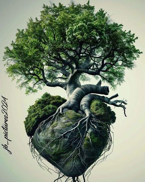 Heart of Nature 🌳💚 This surreal masterpiece beautifully blends the forms of a tree and a heart, symbolizing the profound connection between life and nature. The roots of the tree grow deep into the earth, merging with the heart-shaped rock at the base, as the branches reach towards the sky. The lush green foliage signifies life, growth, and vitality, while the heart beneath reminds us of the pulse that beats within all living things. This artwork is a striking representation of nature's res... Rooted Aesthetic, Growth Pictures, Dna Tree, Man Vs Nature, Earth Connection, Heart Shaped Rocks, Roots And Wings, Tree Of Life Art, Art Commissions