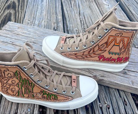 western lifestyle, tooled leather, tooled converse, leather converse, doublebarrelleatherco Tooled Converse Shoes, Leather Tooled Converse, Leather Tooled Shoes, Tooled Converse, Western Converse, County Fits, Heels For Fall, Grad Shoes, Converse Backpack