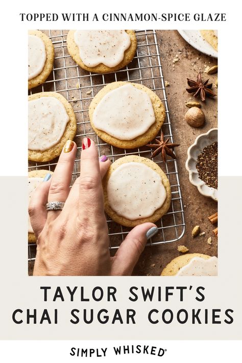 ’Tis the damn season... It’s time to bake Taylor Swift’s chai sugar cookies! These delicate sugar cookies are infused with the flavor of Chai tea and topped with a cinnamon-spice glaze, making them the perfect autumn treat. Chai Vanilla Cookies, Chai Spice Shortbread Cookies, Spiced Chai Cookies, Chai Flavored Recipes, Chai Cookies Taylor Swift Recipe, Chia Cookies Taylor Swift, Gingerbread Chai Cookies, Chai Concentrate Cookies, Maple Chai Cookies