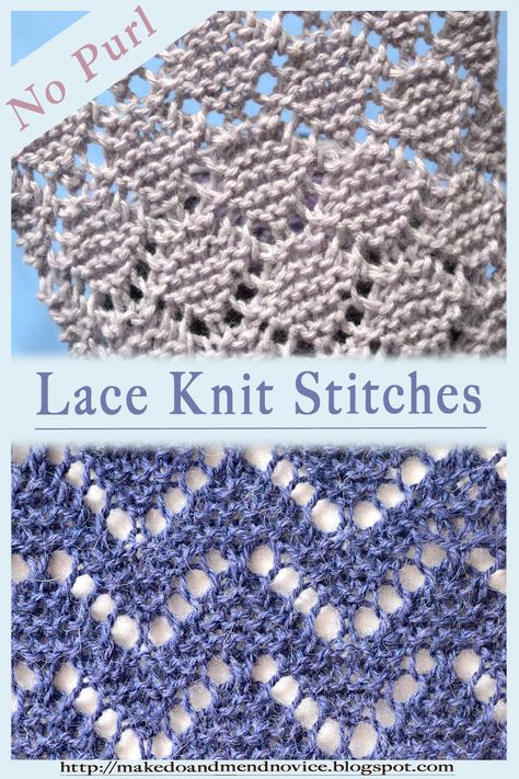 Lace knit stitches, which require absolutely no purling. Stitch pattern tutorial available via link. Garter Lace Diamond Knit Stitch & Chevron Lace Knit Stitch #knitting #knit #knitstitch #knittingtutorial #laceknitting #nopurling #laceknit #knittingpattern #laceknitstitch #lace #knittutorial #chevronknitstitch Garter Stitch Lace Knitting, Chevron Lace Knit Stitch, Knit Eyelet Lace Pattern, Lacey Knit Stitches, Reversible Lace Knitting Stitches, Easy Knit Lace Pattern, Lacy Knit Stitches, Knitting Lace Stitches, Lace Knitting Stitches Free