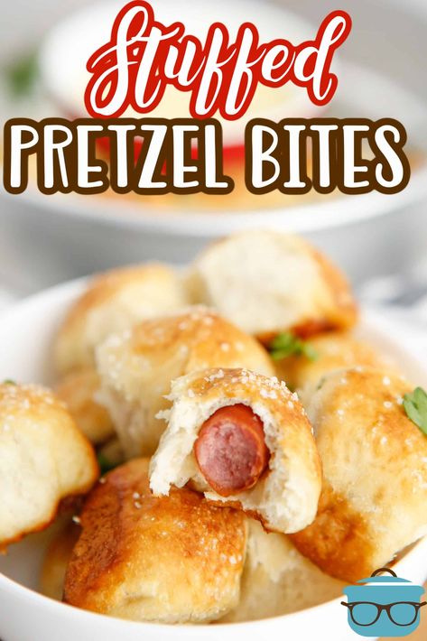 Love appetizers? These Stuffed Pretzel Bites are a fun and easy recipe that has only 6 ingredients. Stuffed with little smokies and dipped in honey mustard, these delicious bites are a perfect treat. Stuffed Pretzel Bites, Honey Mustard Dip, Little Smokies, Pretzel Bites Recipes, Homemade Appetizer, Football Snacks, Country Cook, Pretzels Recipe, The Country Cook