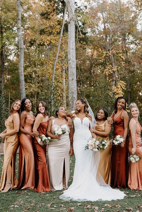 Bridesmaid Dresses Different Colors, Bridesmaid Dress Color Schemes, Copper Bridesmaid Dresses, Rustic Bridesmaid Dresses, Rustic Bridesmaids, Fall Wedding Bridesmaids, Brown Bridesmaid Dresses, Rust Bridesmaid Dress, Silk Bridesmaid Dresses