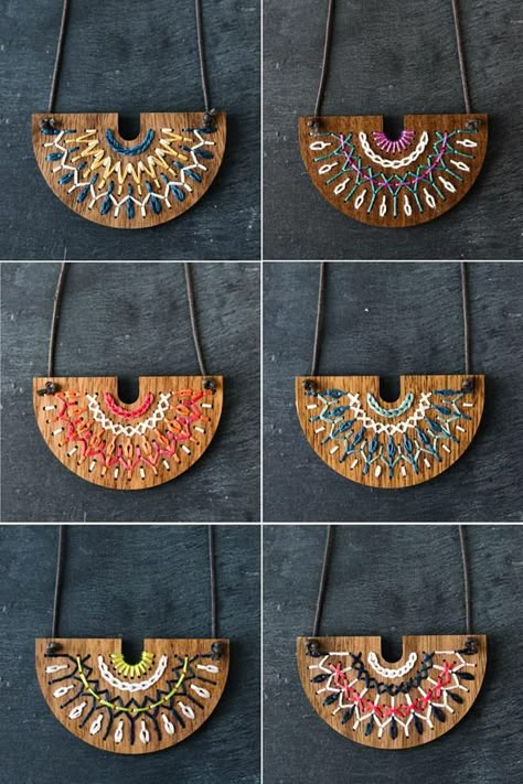 Collar madera Embroidery On Wood, Clay Embroidery, Wood Embroidery, Wooden Jewelery, Chirstmas Decor, Wood Jewelery, Leather Embroidery, Wooden Bag, Embroidered Necklace