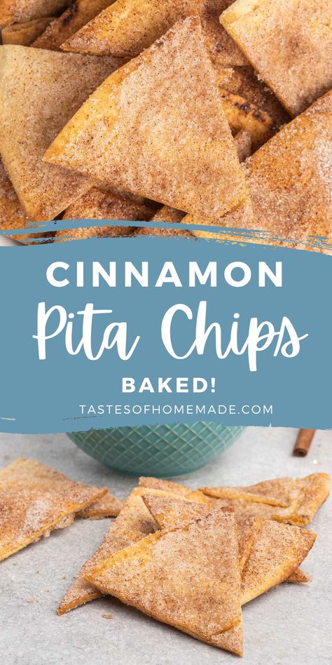 These baked cinnamon sugar pita chips are sweet and crispy. Brushed with butter, and sprinkled with cinnamon sugar, these crispy, sweet chips are a great snack on their own or with your favorite dessert dip.  They are quick and easy to make, baking in only 10 minutes. Cinnamon Pita Chips, Cinnamon Pita Chips And Dip, Bagel Crisps, Pita Chips Recipe, Baked Pita Chips, Pumpkin Fluff, Bagel Chips, Butterscotch Sauce, Fall Snacks