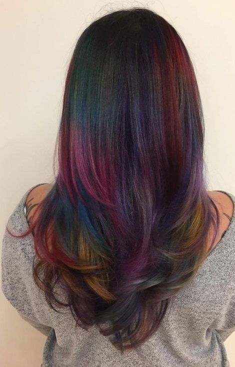 Rainbow Highlights Hair Brown, Brown Hair With Colored Highlights Fun, Dark Rainbow Hair, Oil Spill Hair, Rainbow Hair Highlights, Shoulder Length Black Hair, Indian Hair Cuts, Colored Hairstyles, Oil Slick Hair