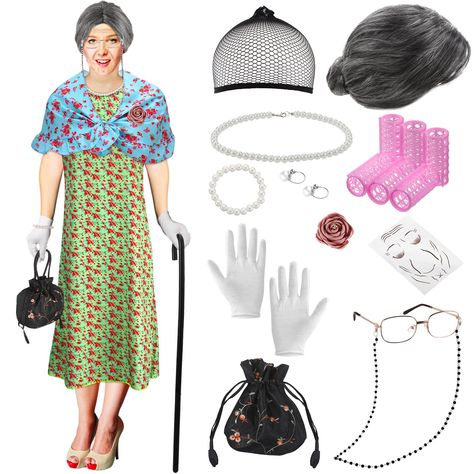 PRICES MAY VARY. Ideal Halloween Cosplay Combination to Meet Your Needs: you will receive 1 set of Halloween old lady cosplay costume for women, including dress, shawl, old lady wig, hairnet, 6 rollers, glasses with chain cord, pearl necklace, bracelet, ear clips, gloves, black cane, bag, flower brooch clip and wrinkle tattoo, reasonable for you to use Serviceable and Lasting: the old lady wig is made of quality synthetic fiber, reliable and sustained, not easy to deform, tear or break, and can Old Lady Outfits Ideas, Old Lady Costume For Women, Old Lady Outfit, Old Lady Halloween Costume, Grandma Wig, Glasses With Chain, Old Lady Wig, Granny Wig, Granny Costume