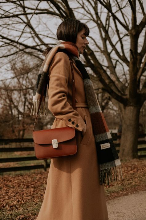 Neutral winter outfit with Sézane Milo Bag and Tartan Blanket Co. Wool Scarf Tartan Scarf Outfit, Wool Scarf Outfit, Preppy Scarf, Neutral Winter Outfit, Camel Wool Coat, Living In Los Angeles, Tartan Blanket, Winter Layers, Elevated Casual