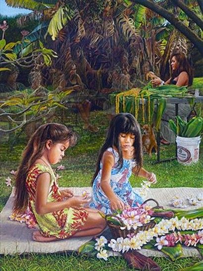 A Circle of Lei Makers by Shari Leohone Hawaiian Painting, Hawaiian Artists, Polynesian Art, Hawaii Art, Caribbean Art, Hawaiian Art, Hawaiian Culture, Polynesian Culture, Art Degree