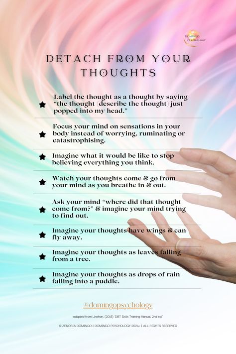 Being mindful of thoughts is a skill from Dialectical Behaviour Therapy (DBT).  The strategies were adapted from Distress Tolerance in Marsha Linehan’s DBT Skills Training Manual. DBT teaches  observing thoughts instead of fusing with them or believing that we are our thoughts. Approaching our thoughts mindfully demonstrates that they are not catastrophic. They are just thoughts. Change the relationship you have with your thoughts. It’s the path to freedom. Dbt Skills Emotional Regulation, Wise Mind Dbt, Distress Tolerance Activities, Distress Tolerance Skills, Dbt Therapy, Distress Tolerance, Wise Mind, Dbt Skills, Focus Your Mind