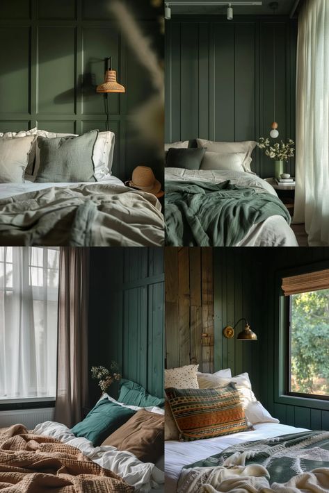 29 Stunning Dark Bedroom Ideas With Modern Accent Walls - TrendyDesign Dark Bedroom Ideas, Green Bedroom Walls, Dark Green Walls, Masculine Bedroom, Moody Bedroom, Dark Bedroom, Green Walls, Wood Panel Walls, Bedroom Green