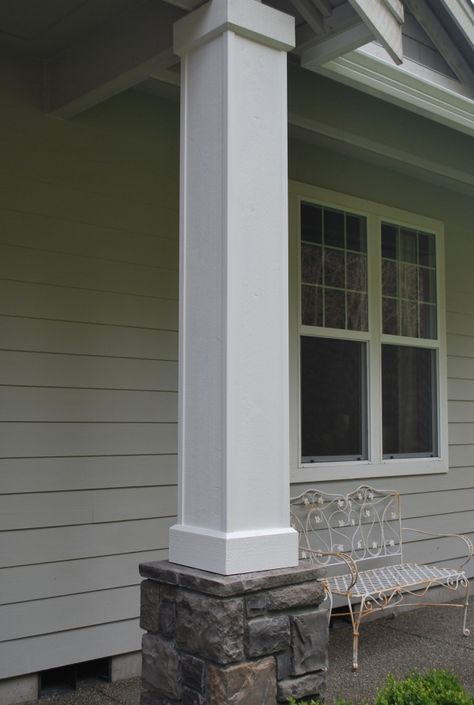 Front Porch Columns | A Gathering Place Craftsman Porch Columns, Porch Post Ideas, Front Porch Pillars, Front Porch Posts, Porch Pillars, Fiberglass Columns, Craftsman Porch, Front Porch Columns, White Porch