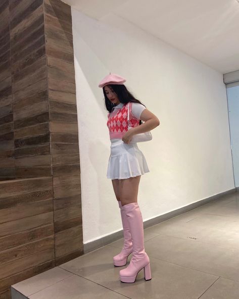 these boots are made for walking @lamoda boots | Instagram Pink Leather Boots Outfit, Pink Boots Outfit Ideas, Pink Platform Boots Outfit, Bratz Boots Outfit, Bratz Aesthetic Outfit, Platform Boots Outfit, Bratz Outfits, Boots Are Made For Walking, Outfit Botas