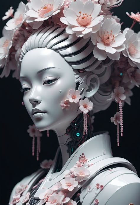 geisha robot futuristic with flowers on her head dark background, digital painting Living Art, Porcelain Doll, Dark Background, Art Of Living, Dark Backgrounds, Japanese Art, Digital Painting, Tokyo, Design Ideas