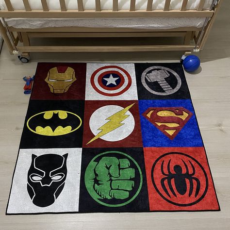 PRICES MAY VARY. Introducing our superhero rug collection, the perfect addition to any living room or bedroom! Our superhero rugs are designed with inspiration from street art, comics, and hypebeast culture. These rugs are sure to add a touch of fun and whimsy to any space. Made with a combination of high-quality cotton and polyester, our superhero rugs are both durable and comfortable. These rugs are foldable, making them easy to store and transport. We offer both economic and ultra soft qualit Marvel Kids Bedroom, Marvel Boys Room, Super Hero Room Ideas, Marvel Room Ideas, Avengers Nursery, Boys Superhero Bedroom, Marvel Nursery, Marvel Bedroom, Spiderman Room