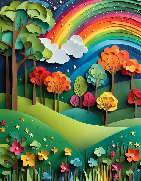 Forest Crafts For Preschool, Origami Scene, Night Sky Full Moon, School Wall Art Ideas, Science Lab Decorations, Cloudy Background, Paper Forest, Rainbow Forest, Forest Crafts