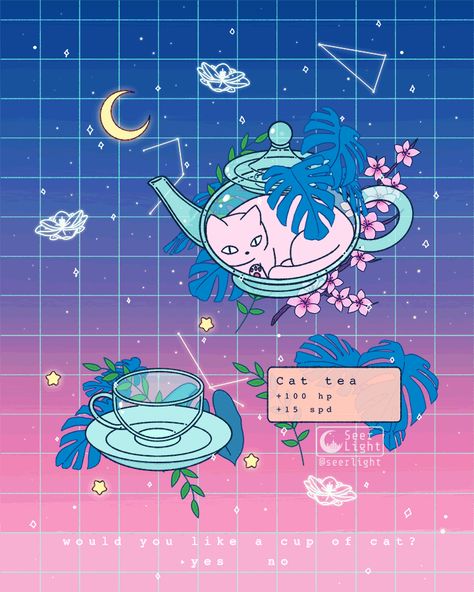 Cat Tea by SeerLight on DeviantArt Vaporwave Art, Arte 8 Bits, Japon Illustration, Wow Art, Kawaii Wallpaper, Kawaii Art, Anime Scenery, Aesthetic Art, Wallpaper Iphone