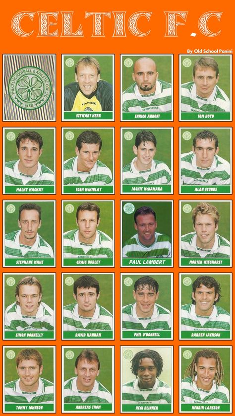 Celtic team stickers in 1998-99. Henrik Larsson, Celtic Team, Celtic Football, Glasgow Green, Celtic Legends, Glasgow Celtic, Soccer Teams, Liverpool Players, Celtic Fc