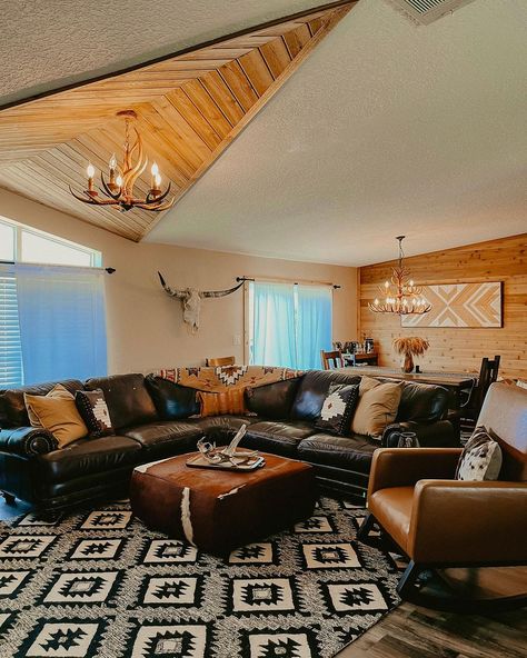 Boho Western Living Room, Western Living Rooms, Western Living Room Decor, Western Living Room, Cowhide Ottoman, Ranch House Decor, Modern Rustic Living Room, Western Home Decor, Rustic Living Room