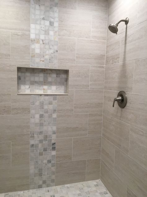 Bathroom Floor And Wall Tile Ideas Modern, Waterfall Shower Bathroom Tile, Mosaic Tile Designs Ideas, Tile Shower Designs Wall, Shower Tile Placement Ideas, Gray Shower Tile Ideas Wall, Shower Tile Mosaic, Trending Shower Tile, Bathroom Wall Tile Design Ideas