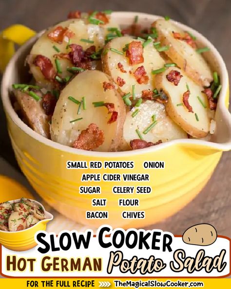 Make this Hot German Potato Salad in the slow cooker. Tender potatoes and bacon with a tangy vinegar dressing. #germanpotatosalad #crockpot Slow Cooker German Potato Salad, Crockpot German Potato Salad, Hot Coleslaw Recipe, German Potato Salad Crock Pot, German Potato Recipes, Hot German Potato Salad, German Salads, Ham Recipes Crockpot, Potatoes And Bacon