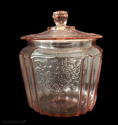 Mayfair Open Rose Pattern. The inner rim of the jar is rough from usage otherwise in very good condition. 8" H; 5 1/4" W at base; 6" W at top; lid 5 1/4" W. Antique Dishes Collectible, Antique Knowledge, Vintage Glassware Antiques, Glass Cookie Jars, Glassware Design, Pink Glassware, Antique Glass Bottles, Open Rose, Antique Dishes