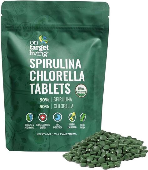 Amazon.com: On Target Living Organic Spirulina Chlorella | USDA Organic | 1000 Tablets- 250 G (8.8 oz) | Vegan | Immune System Boosting | Alkalyzing | Nutrient Dense | Detoxifying | Protein Dense | : Health & Household High Antioxidant Foods, High Energy Foods, Athletic Greens, Supplements Packaging, Nucleic Acid, Green Algae, Nutrient Rich Foods, Energy Cleanse, Boost Immune System