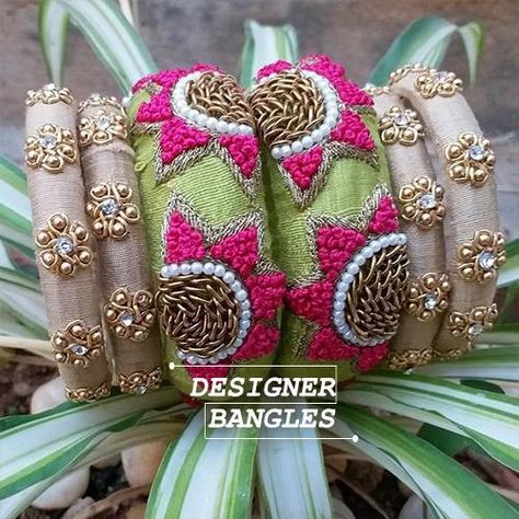 Maggam Work Bangles Thread Work Bangles, Aari Work Bangles Designs, Maggam Work Bangles Designs, Aari Work Bangles, Zardosi Bangles, Maggam Work Bangles, Raw Silk Bangles, Silk Thread Earrings Designs, Thread Accessories