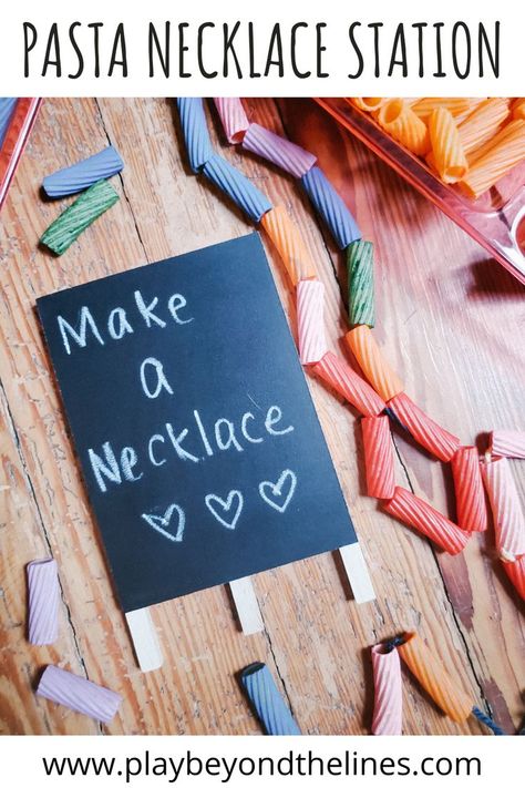 Pasta necklaces never seem to lose their charm! There is something about threading the colorful pasta noodles onto yarn then getting to wear your masterpiece for all to see. Pasta necklaces make the perfect art station or party activity for little ones. Not only are they stylish but they foster independence, work fine motor skills and hand eye coordination as well. Noodle Necklace, Pasta Necklace, Noodle Necklaces, How To Make Noodles, Colorful Pasta, Hand Eye Coordination, Holiday Giveaways, Crafty Kids, Pasta Noodles