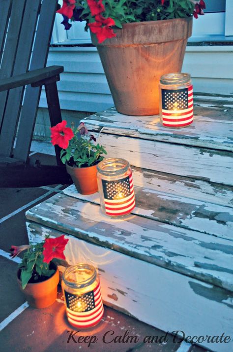 4th Of July Mason Jar Ideas, Diy Patriotic Decor, Usa Party, Independance Day, 4th Of July Ideas, Patriotic Crafts, Pickle Jars, July Ideas, Patriotic Party