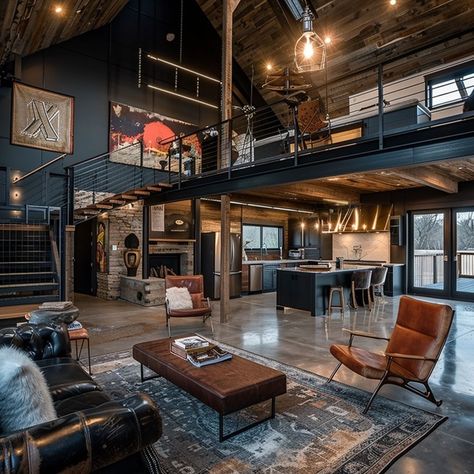 Barndominium Interiors | A Complete Guide (with Pictures) – BarndoModern Barnhouse Homes, The Griffin House, Dröm Hus Planer, Industrial Style Living Room, Barndominium Interior, Warehouse Living, Loft House Design, Warehouse Home, Industrial Home Design