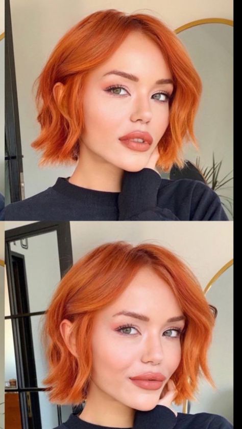 Feria Copper Hair Color, Copper Hair Bob Haircut, Ginger Hair Short Bob, Short Bob Copper Hair, Orange Bob Hairstyles, Chin Length Copper Hair, Copper Red Hair Short Bob, Short Copper Bob With Bangs, Red Head Bob Hairstyles