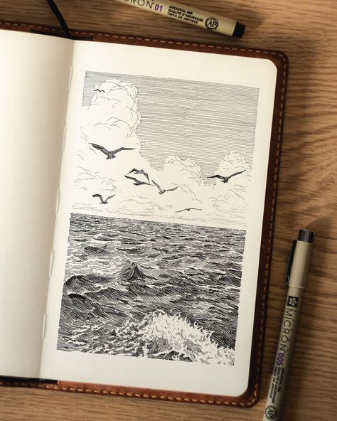 Sketch Book Studies, Ocean Ink Drawing, Beach Ink Drawing, Sketch Aesthetic Drawings, Simple Architecture, Sketch Drawings Pencil, Tiny Sketchbook Ideas, Art Diary Aesthetic, Art Pen